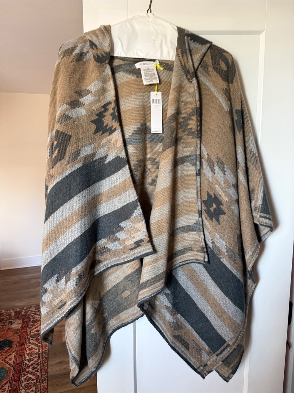 BCBGeneration Hooded Poncho in Tan, Gray and Cream